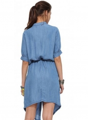 Casual Irregular Solid Roll-Tab Sleeve Single-Breasted Denim Shirt Dress