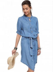 Casual Irregular Solid Roll-Tab Sleeve Single-Breasted Denim Shirt Dress