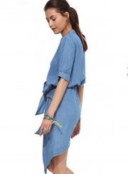 Casual Irregular Solid Roll-Tab Sleeve Single-Breasted Denim Shirt Dress