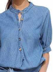 Casual Irregular Solid Roll-Tab Sleeve Single-Breasted Denim Shirt Dress