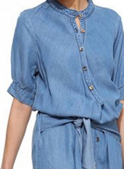 Casual Irregular Solid Roll-Tab Sleeve Single-Breasted Denim Shirt Dress
