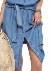 Casual Irregular Solid Roll-Tab Sleeve Single-Breasted Denim Shirt Dress