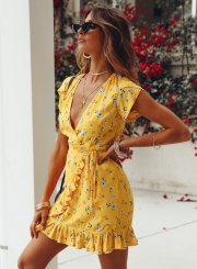 Summer Casual Floral printed Short Sleeve V Neck Waist Tie Dress
