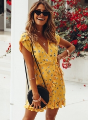 Summer Casual Floral printed Short Sleeve V Neck Waist Tie Dress