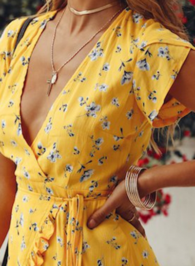 Summer Casual Floral printed Short Sleeve V Neck Waist Tie Dress stylesimo.com