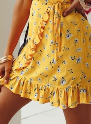 Summer Casual Floral printed Short Sleeve V Neck Waist Tie Dress