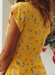 Summer Casual Floral printed Short Sleeve V Neck Waist Tie Dress