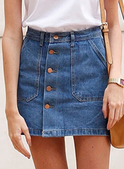 Summer Slim Solid Single-Breasted High Waist A-line Denim Skirt YOUYOUFASHIONEC.com