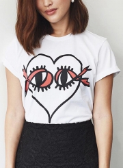 Casual Novelty Loose Heart Eyelash Printed Short Sleeve Round Neck Tee