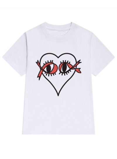 Casual Novelty Loose Heart Eyelash Printed Short Sleeve Round Neck Tee LEXELFASHIONINTSHOPS.com