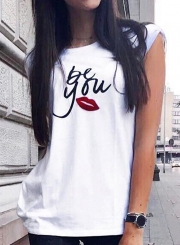 Summer Loose Red Lip Printed Short Sleeve Round Neck Tee With Letters