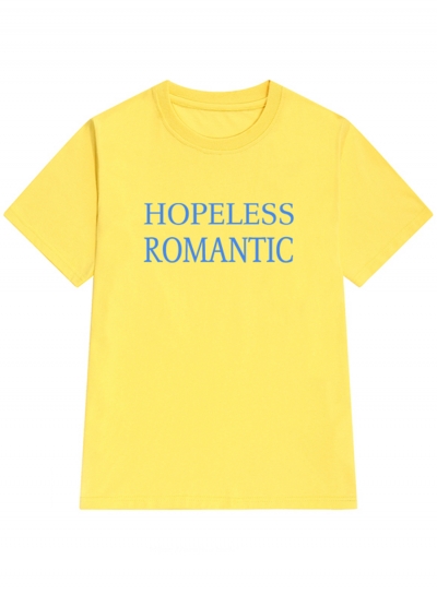 Casual Loose Yellow Printed Short Sleeve Round Neck Tee With Letters