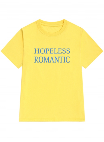 Casual Loose Yellow Printed Short Sleeve Round Neck Tee With Letters STYLESIMO.com