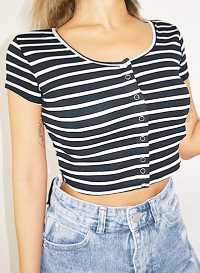 Summer Sexy Slim Striped Short Sleeve Round Neck Front Buttons Crop Top YOUYOUFASHIONEC.com