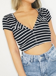 Summer Sexy Slim Striped Short Sleeve Round Neck Front Buttons Crop Top