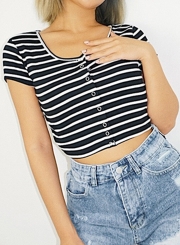 Summer Sexy Slim Striped Short Sleeve Round Neck Front Buttons Crop Top