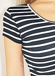 Summer Sexy Slim Striped Short Sleeve Round Neck Front Buttons Crop Top