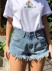 Casual Retro Wash High Waist Zipper Fly Wide Leg Denim Shorts With Pockets