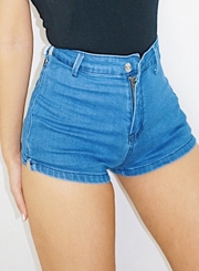 Casual Retro Wash Slim Denim High Waist Zipper Fly Shorts With Pockets