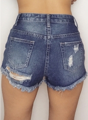 Casual Ripped Burrs Wash High Waist Zipper Fly Straight Denim Hot Shorts