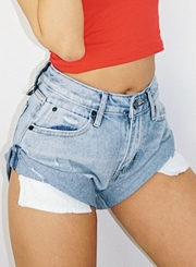 Casual High Waist Zipper Fly Roll-Up Trim Denim Shorts With Pockets