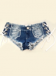 Fashion Sexy Retro Wash Low Waist Zipper Fly Side Lace-Up Denim Shorts