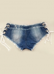 Fashion Sexy Retro Wash Low Waist Zipper Fly Side Lace-Up Denim Shorts