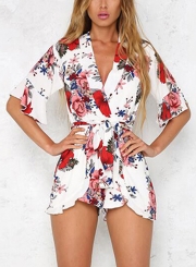 Fashion Casual Floral Printed Half Sleeve V Neck Waist Tie Straight Romper