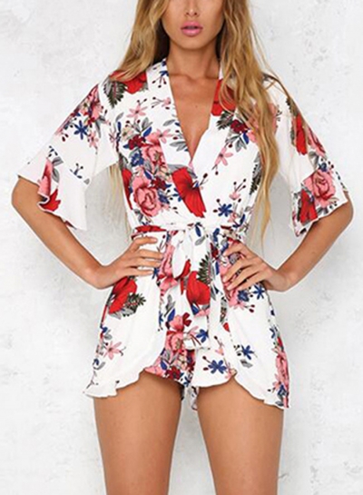 Fashion Casual Floral Printed Half Sleeve V Neck Waist Tie Straight Romper LEXELFASHIONINTSHOPS.com