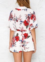 Fashion Casual Floral Printed Half Sleeve V Neck Waist Tie Straight Romper