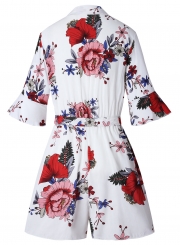 Fashion Casual Floral Printed Half Sleeve V Neck Waist Tie Straight Romper