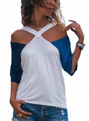 Double Blue Raglan Sleeves Open Shoulder Shirt
