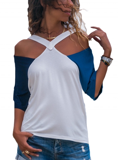 Double Blue Raglan Sleeves Open Shoulder Shirt YOUYOUFASHIONEC.com