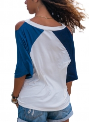 Double Blue Raglan Sleeves Open Shoulder Shirt