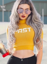 Casual Slim Short Sleeve High Neck Pullover Knit Crop Top With Letters