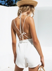 Fashion Solid Spaghetti Strap Backless Lace-Up Waist Tie Wide Leg Romper