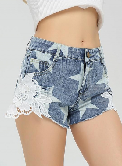 Summer Lace Splicing Star Low Waist Zipper Fly Straight Denim Shorts YOUYOUFASHIONEC.com