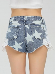Summer Lace Splicing Star Low Waist Zipper Fly Straight Denim Shorts
