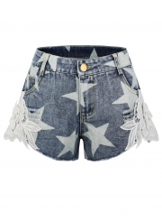 Summer Lace Splicing Star Low Waist Zipper Fly Straight Denim Shorts