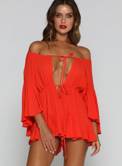 Sexy Solid Long Flounce Sleeve Slash Neck Front Lace-Up Dress Romper LEXELFASHIONINTSHOPS.com