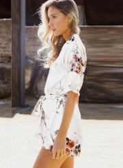 Fashion Casual Floral Printed Half Sleeve V Neck Waist Tie Straight Romper