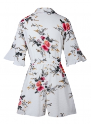 Fashion Casual Floral Printed Half Sleeve V Neck Waist Tie Straight Romper