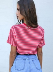 Casual Loose Striped Colorblock Short Sleeve Round Neck Tee With Letters