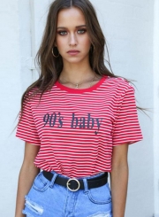 Casual Loose Striped Colorblock Short Sleeve Round Neck Tee With Letters