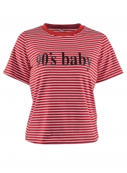 Casual Loose Striped Colorblock Short Sleeve Round Neck Tee With Letters