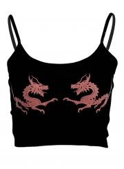 Casual Slim Dragon Pattern Spaghetti Strap Round Neck Crop Top