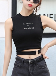 Summer Sexy Slim Splicing Sleeveless Round Neck Crop Top With Letters