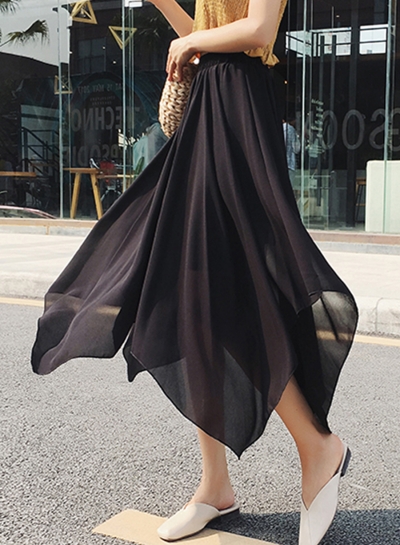 Fashion Solid Irregular Mesh High Waist A-line Chiffon Skirt YOUYOUFASHIONEC.com