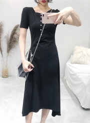 Casual Solid Short Sleeve Round Neck Single-Breasted High Waist Dress