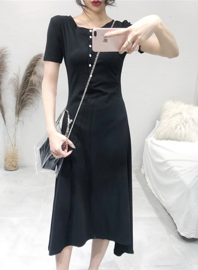 Casual Solid Short Sleeve Round Neck Single-Breasted High Waist Dress STYLESIMO.com